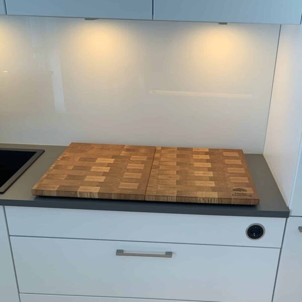 End grain oak hob cover two-piece